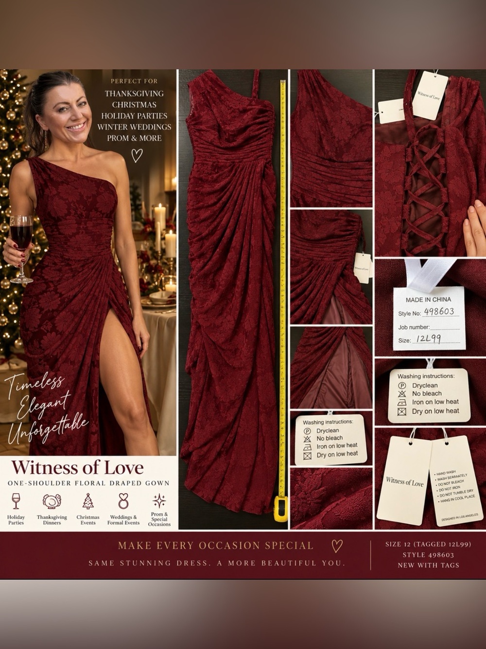 One-Shoulder Draped Floral Gown - Burgundy